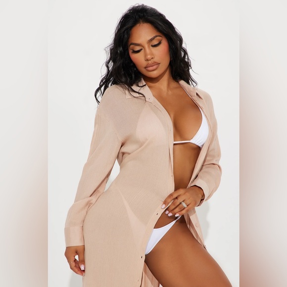 Fashion Nova Breezy Nights Linen Swim Cover Up Kimono - Taupe Small - Picture 2 of 6